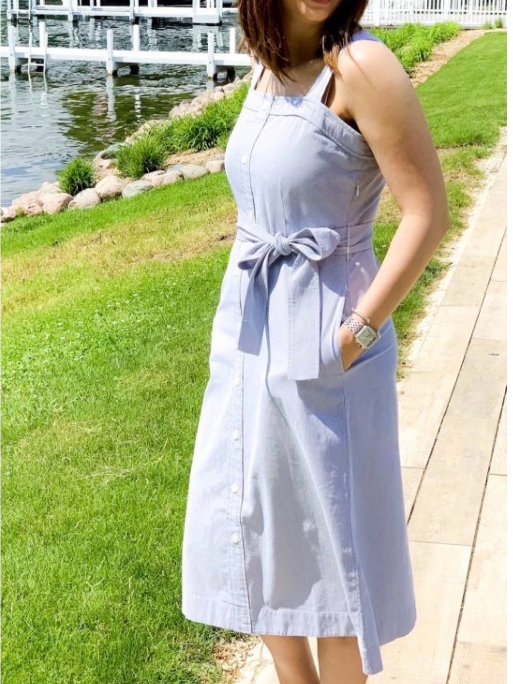 Everlane Picnic Dress - Blue Pinstripe Tie-Waist Midi Sundress - NWOT